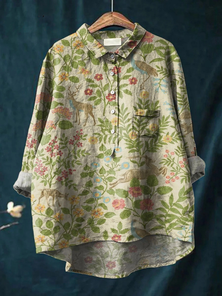 Calista | Women's Casual Shirt with Vintage Floral Animal Art Print