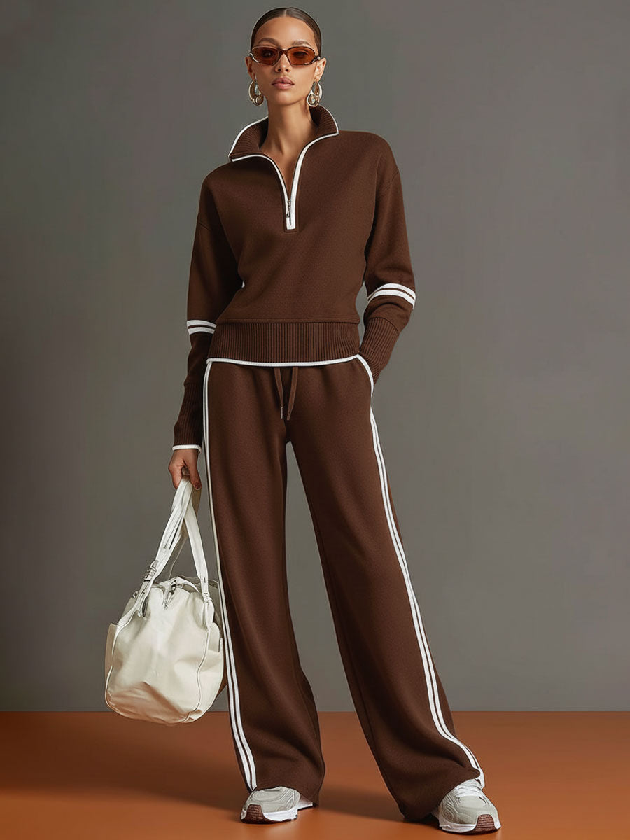 Eva | Retro Sporty Webbing Grey-white Half-zip Sweatshirt And Wide-leg Pants Set