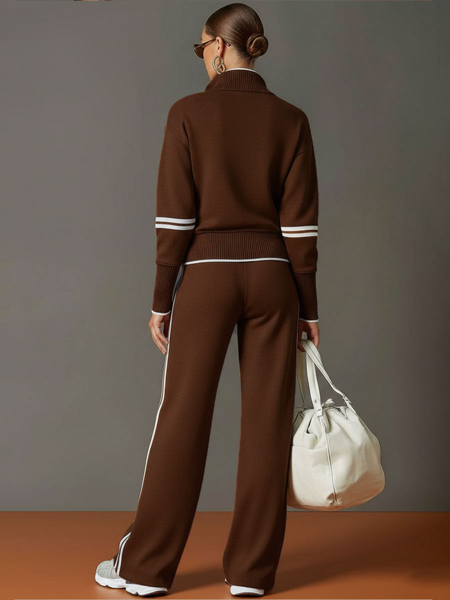 Eva | Retro Sporty Webbing Grey-white Half-zip Sweatshirt And Wide-leg Pants Set