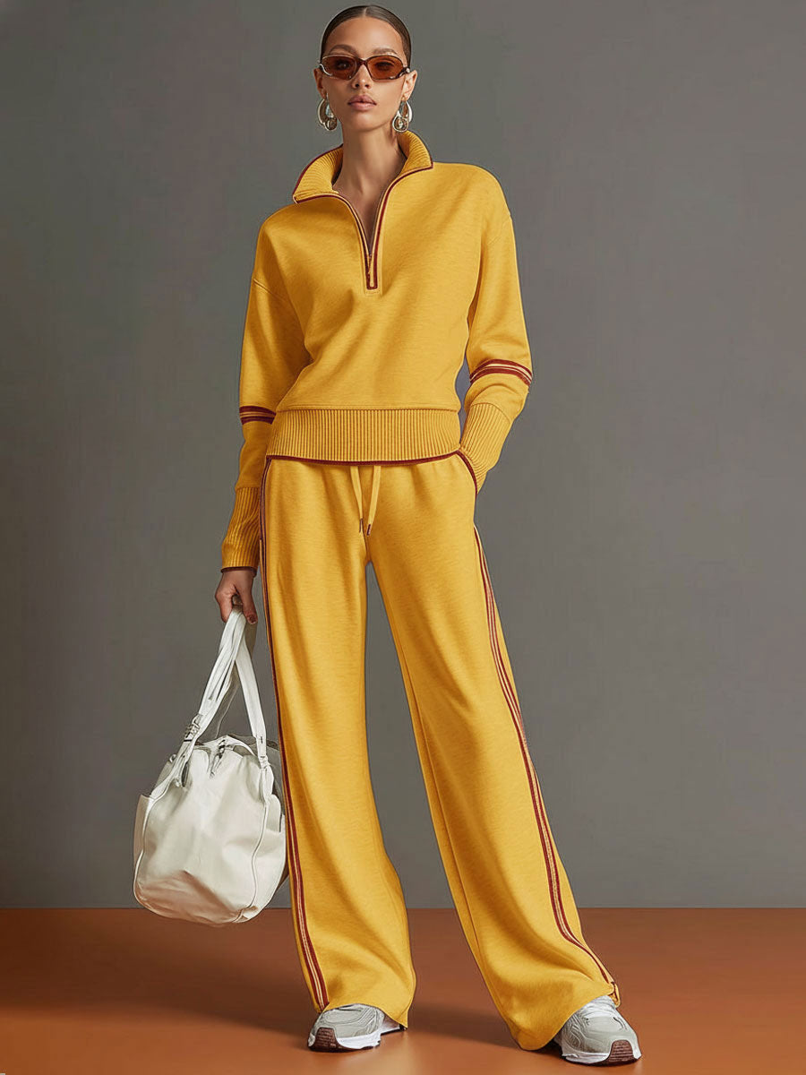 Eva | Retro Sporty Webbing Grey-white Half-zip Sweatshirt And Wide-leg Pants Set