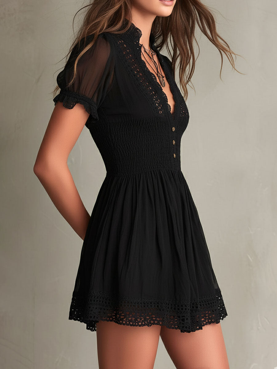 Anna | Classic Muse Smocked Lace-Trim Black  Mini Dress