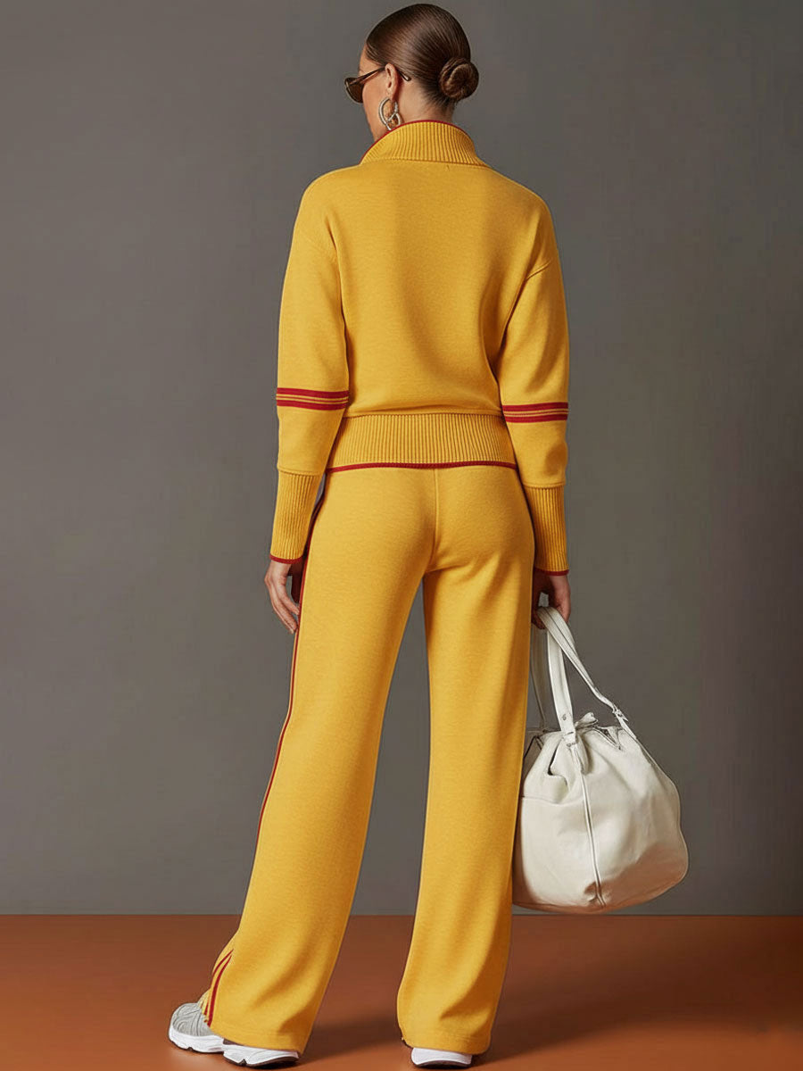 Eva | Retro Sporty Webbing Grey-white Half-zip Sweatshirt And Wide-leg Pants Set