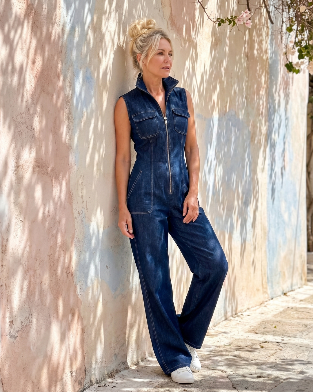 Samantha | Sleeveless Denim Wide Leg Jumpsuit with Zip Front