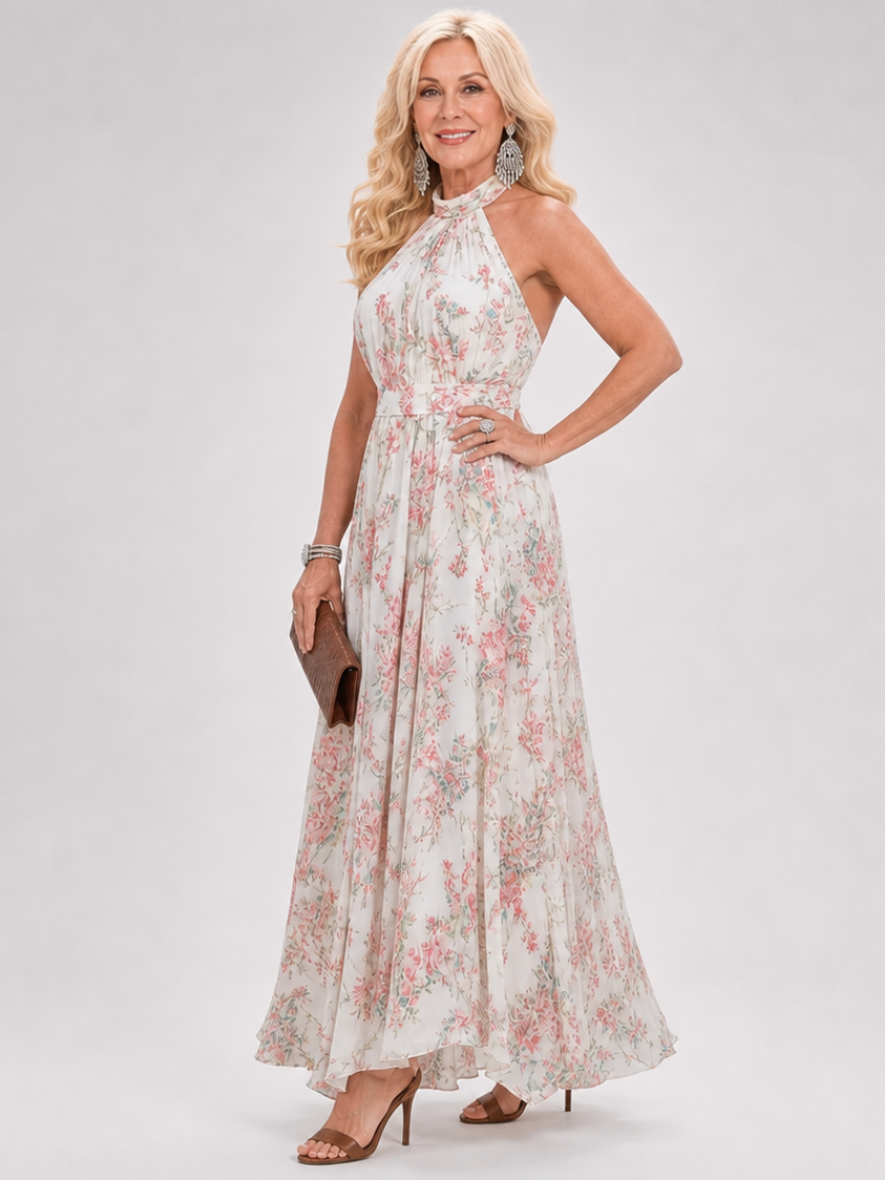 Guinevere | Midi Dress with Flowing Floral Print Skirt