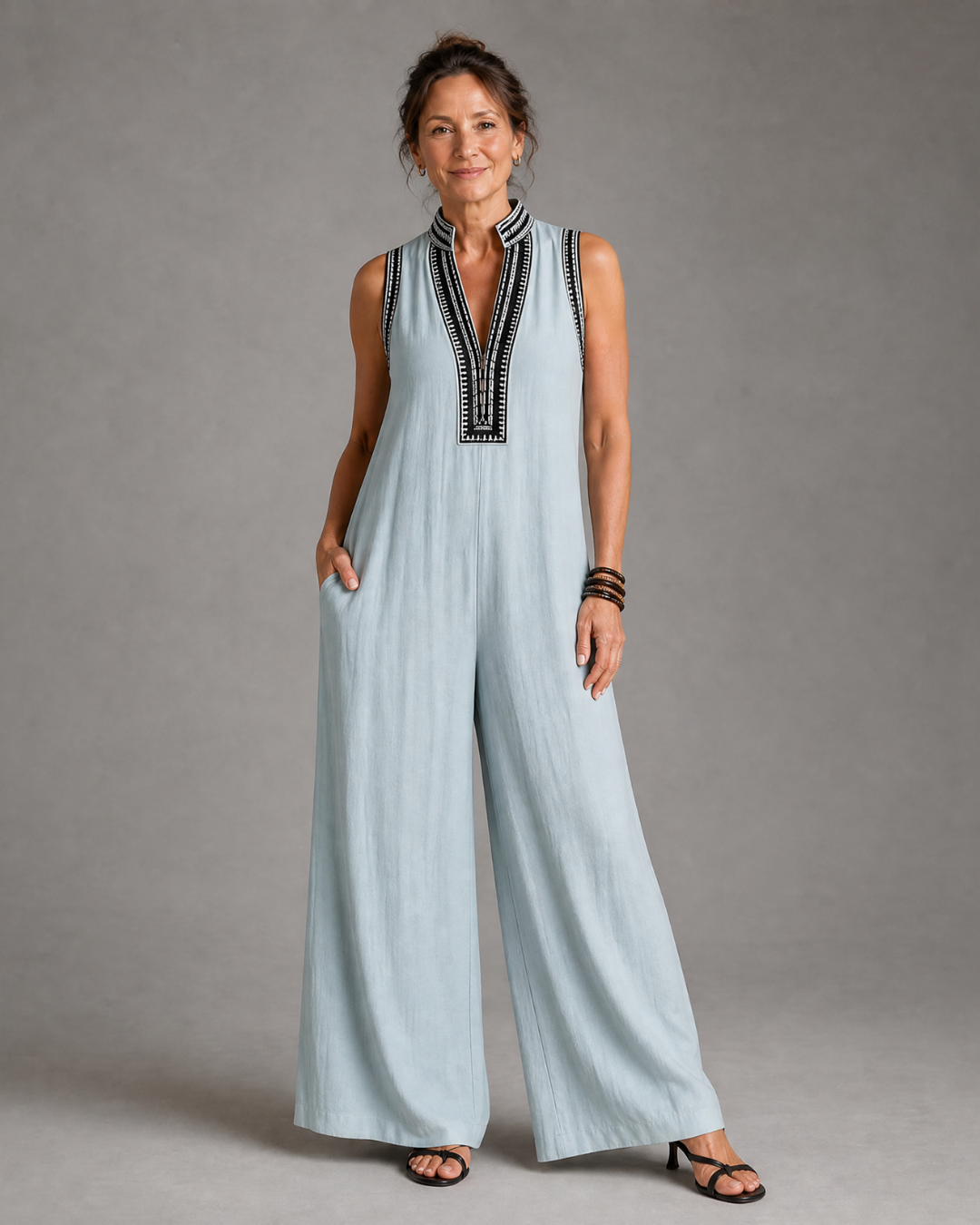 Velmira | Sleeveless Wide Leg Jumpsuit with Embroidered V-Neck