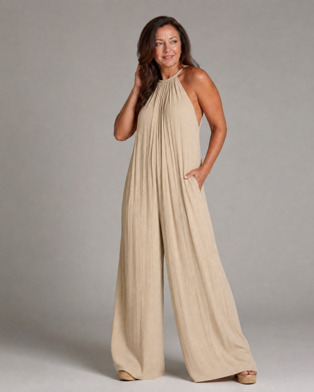 Sylvara | Relaxed Wide Leg Jumpsuit with Pleated Halter Neck
