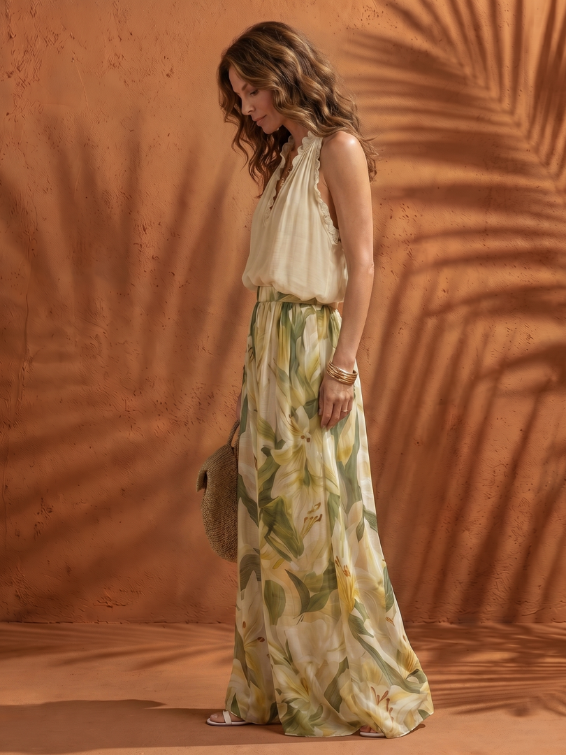 Solange | Floral Halter Neck Blouse & Wide Leg Pants Set