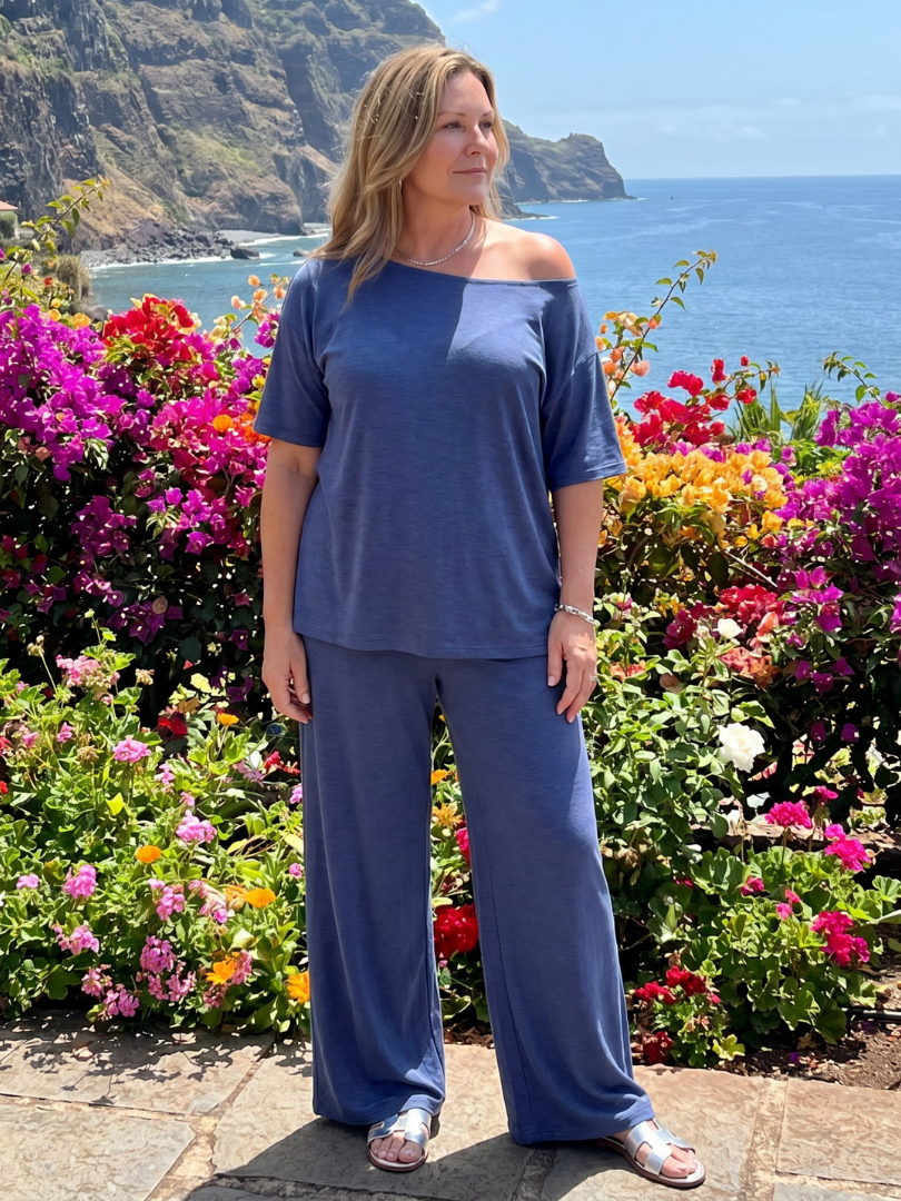 Elarim | Off-Shoulder Short Sleeve Top & Wide Leg Pants Set