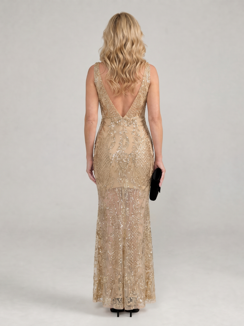 Sirea | Sleeveless Midi Dress with Sequin and Sheer Panel Details