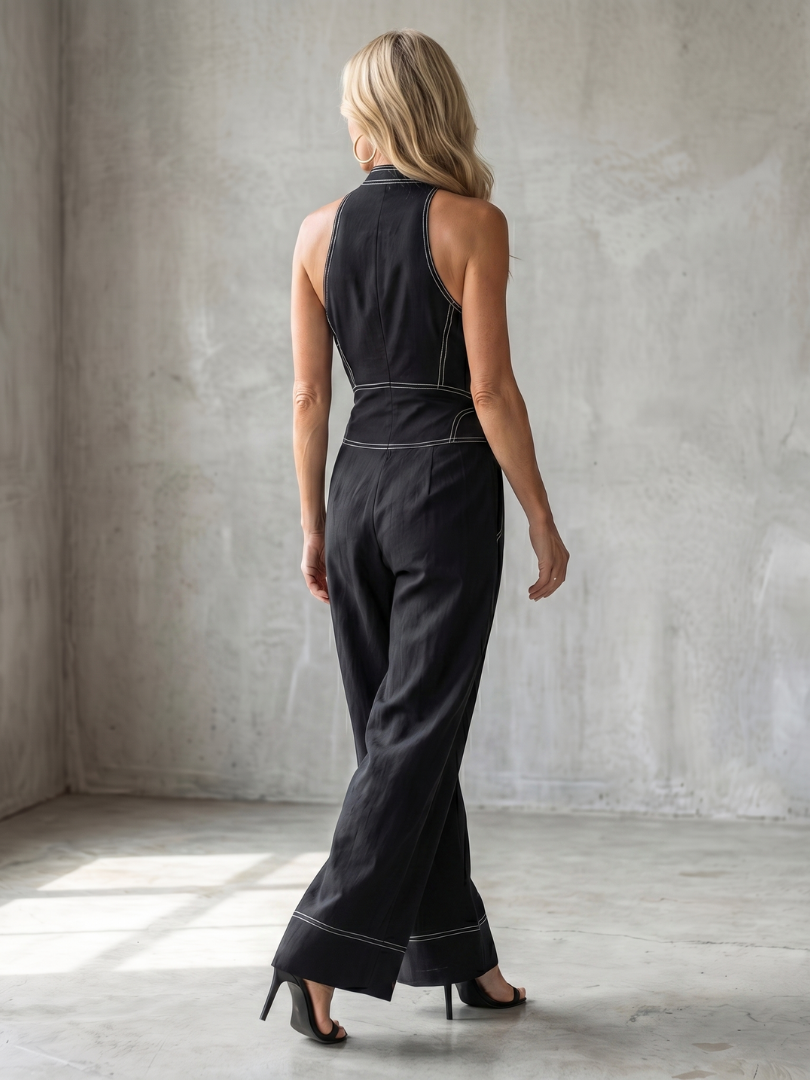 Dara | Wide Leg Jumpsuit with Zip Front and Contrast Stitching