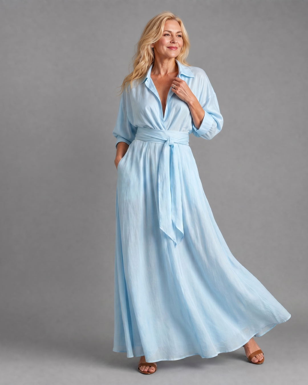 Zelith | Midi Dress with Belted Collar and Flowing Long Sleeves