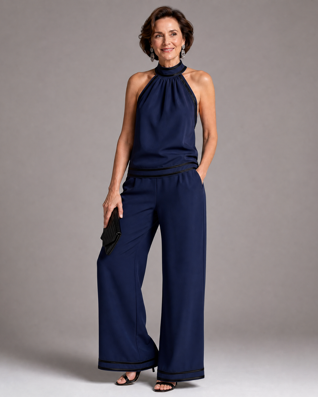 Zephyrine | Halter Neck Wide Leg Jumpsuit with Contrast Trim