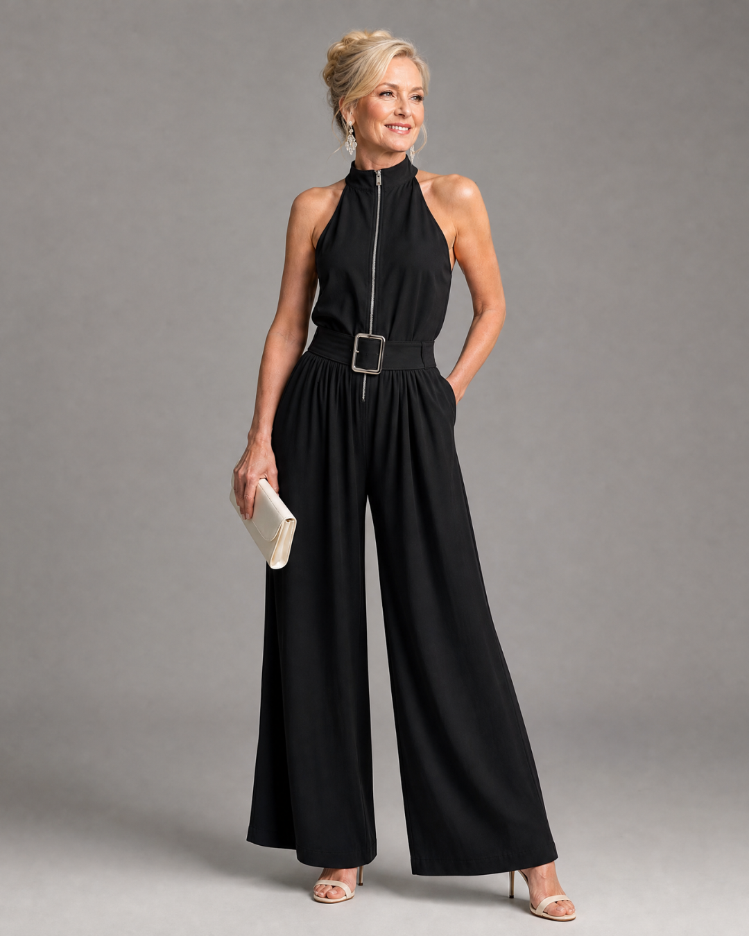 Astrielle | Sleeveless High Neck Wide Leg Jumpsuit with Belt
