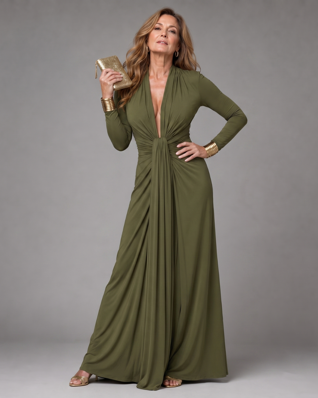 Vimmer | Long Sleeve Maxi Dress with Draped Deep V Neck