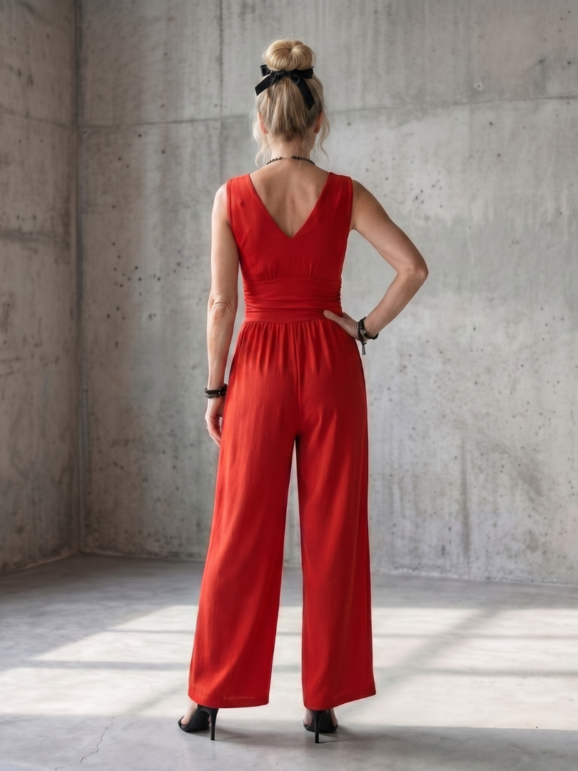 Vincenza | Wide Leg Jumpsuit with Deep V Waist Detail