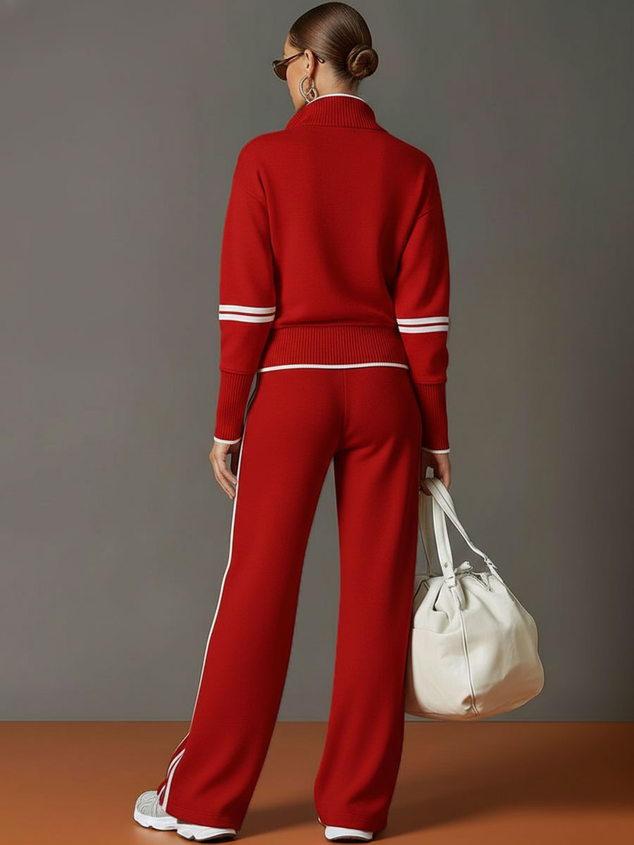 Eva | Retro Sporty Webbing Grey-white Half-zip Sweatshirt And Wide-leg Pants Set