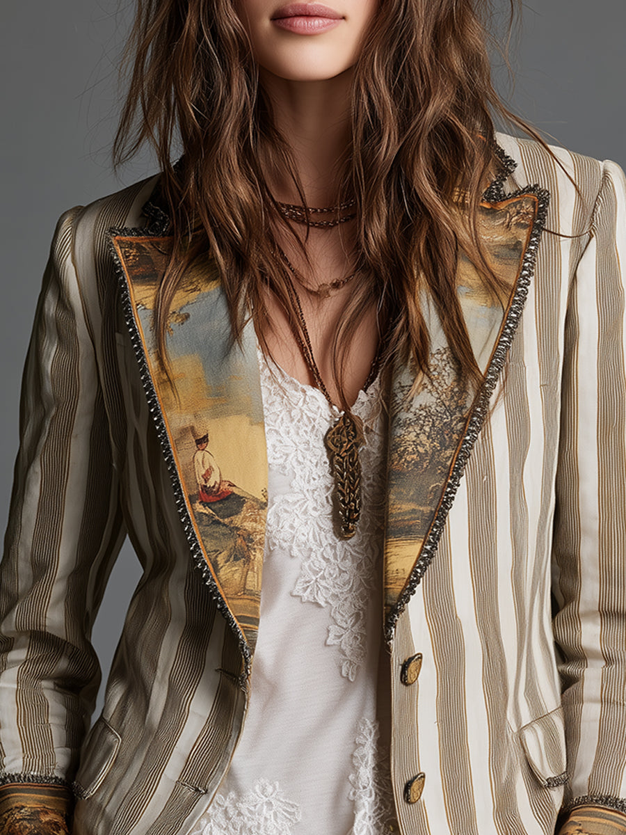 Claudia | Women’s Boho Striped Printed Lapel Blazer