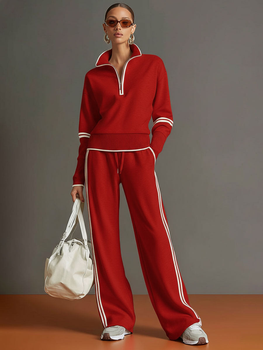 Eva | Retro Sporty Webbing Grey-white Half-zip Sweatshirt And Wide-leg Pants Set