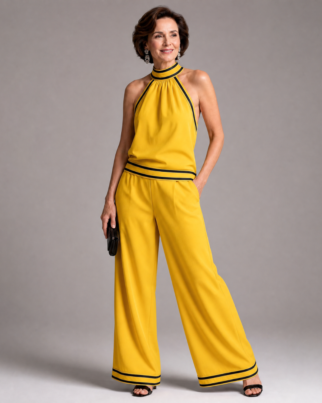 Zephyrine | Halter Neck Wide Leg Jumpsuit with Contrast Trim
