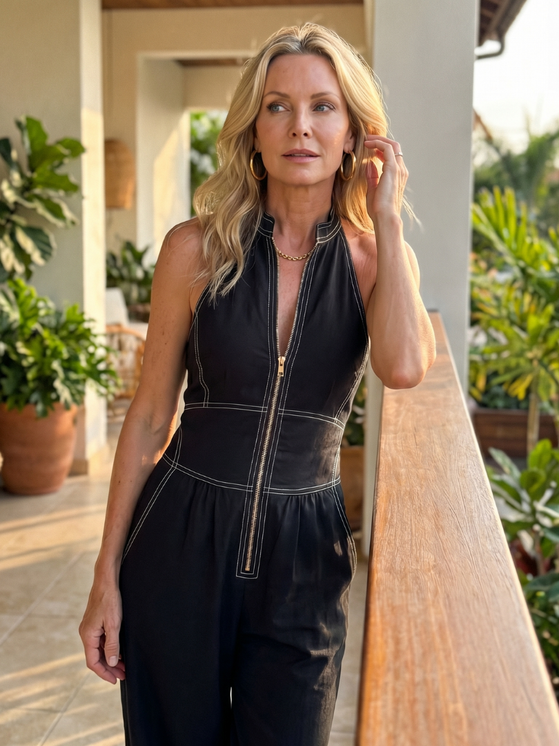 Dara | Wide Leg Jumpsuit with Zip Front and Contrast Stitching
