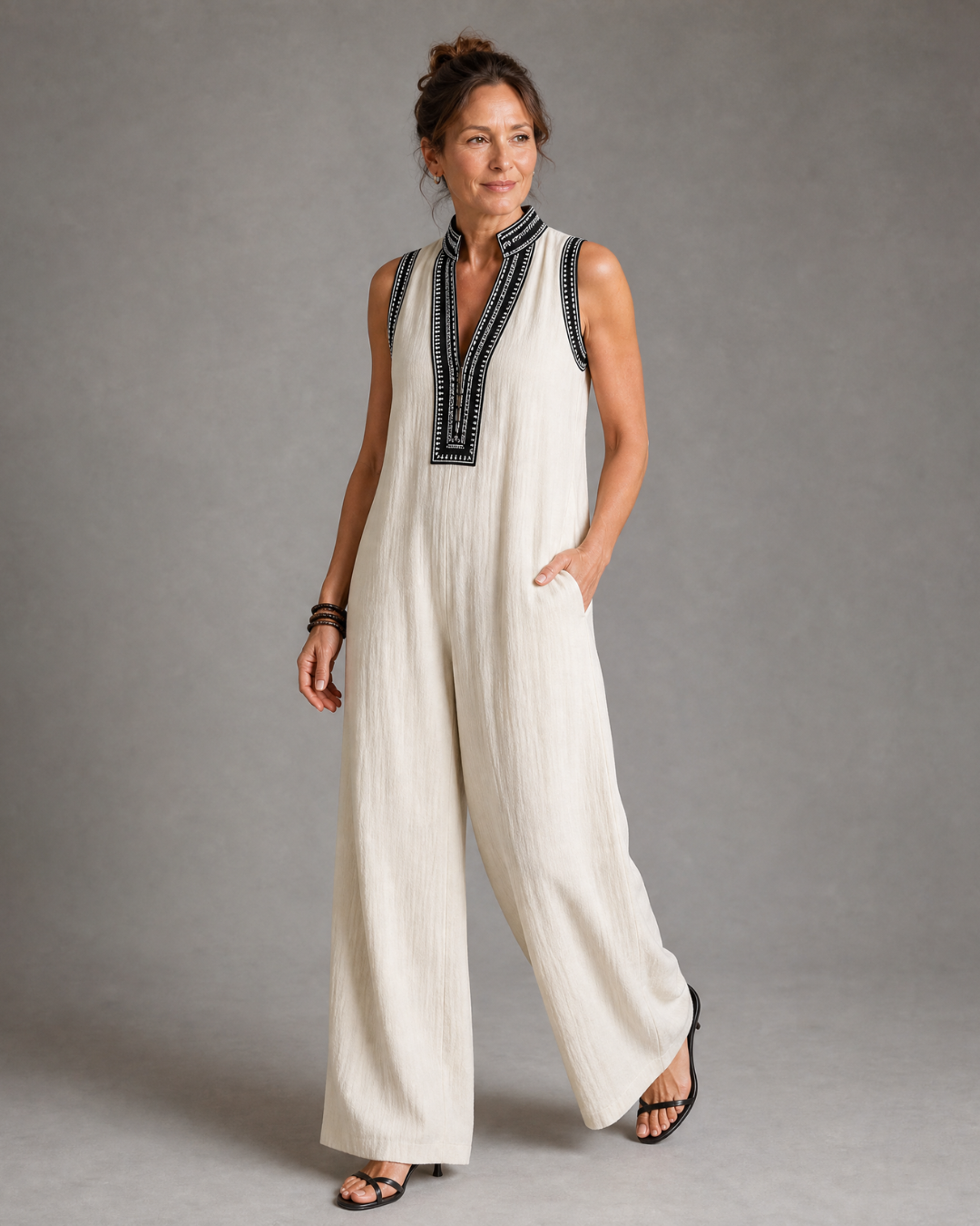 Velmira | Sleeveless Wide Leg Jumpsuit with Embroidered V-Neck
