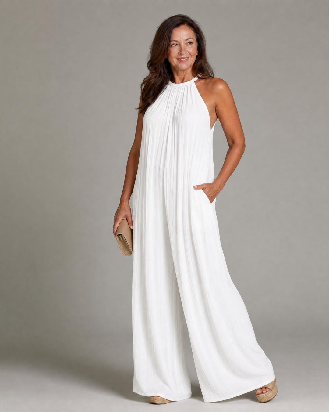 Sylvara | Relaxed Wide Leg Jumpsuit with Pleated Halter Neck