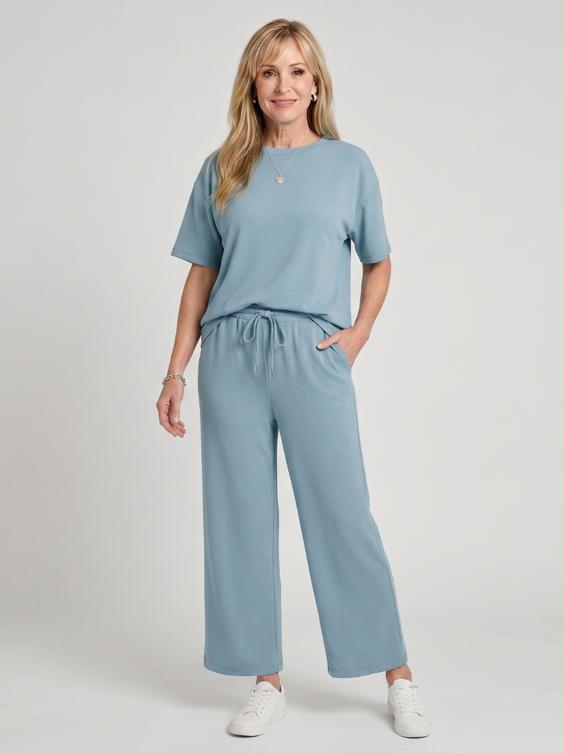 Wihel | Short Sleeve Drawstring Waist Straight Leg Pants Set