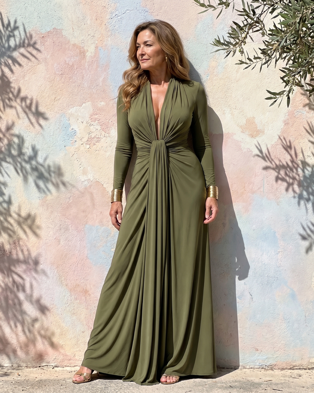 Vimmer | Long Sleeve Maxi Dress with Draped Deep V Neck