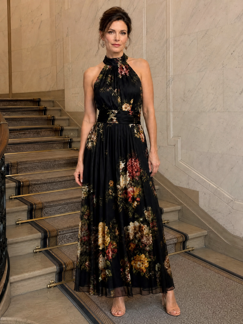 Sior | Midi Dress with Floral Halter Neck Design