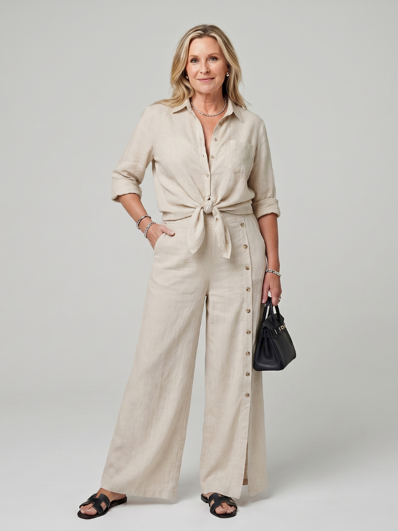 Maddelina | Long Sleeve Tie-Front Top with Wide-Leg Pants Set