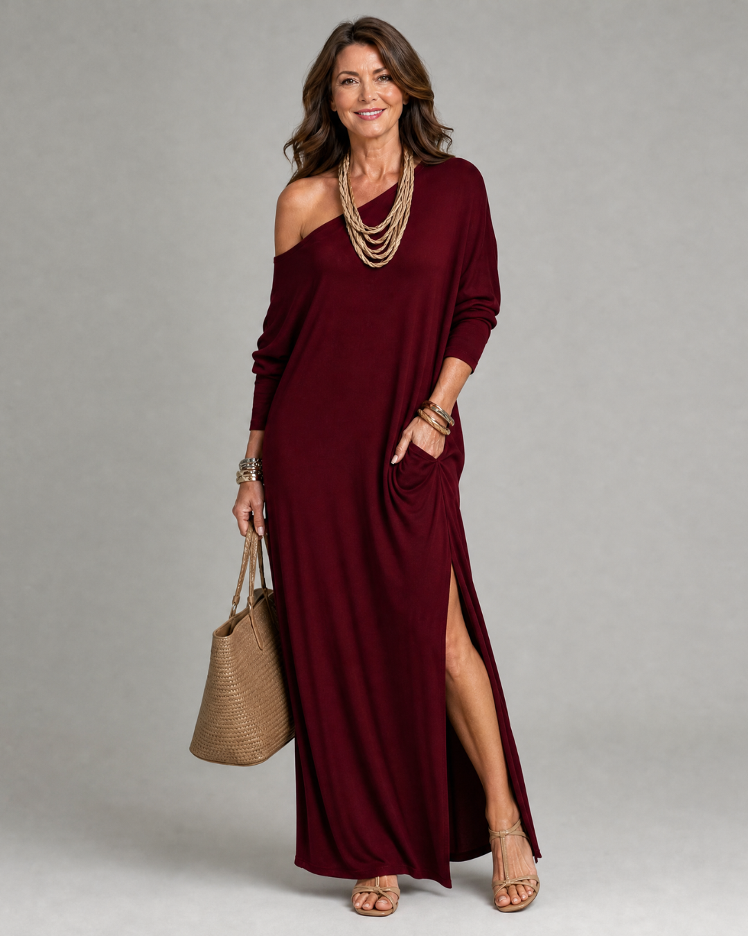Asterelle | Flowing Midi Dress with One Shoulder and Side Slit
