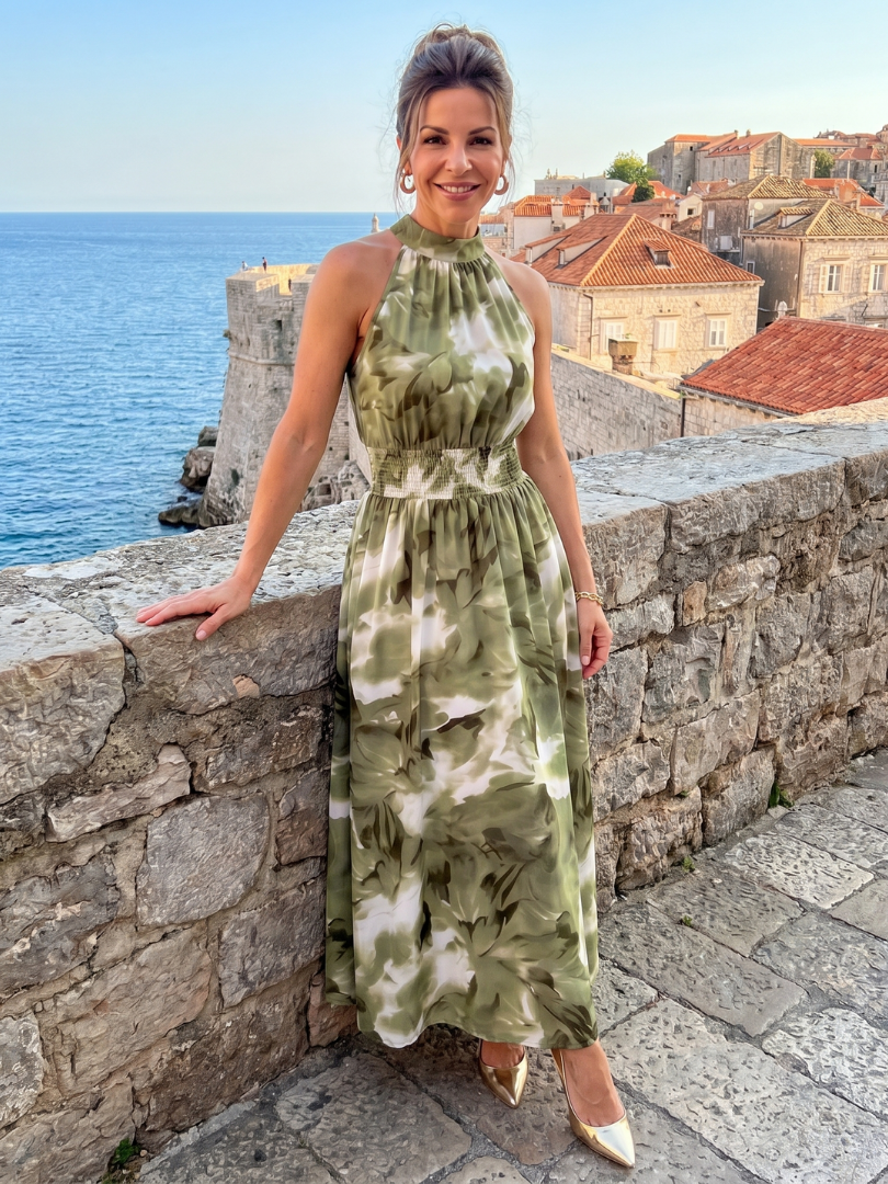 Olivia | Abstract Print Midi Dress with Gathered Waist