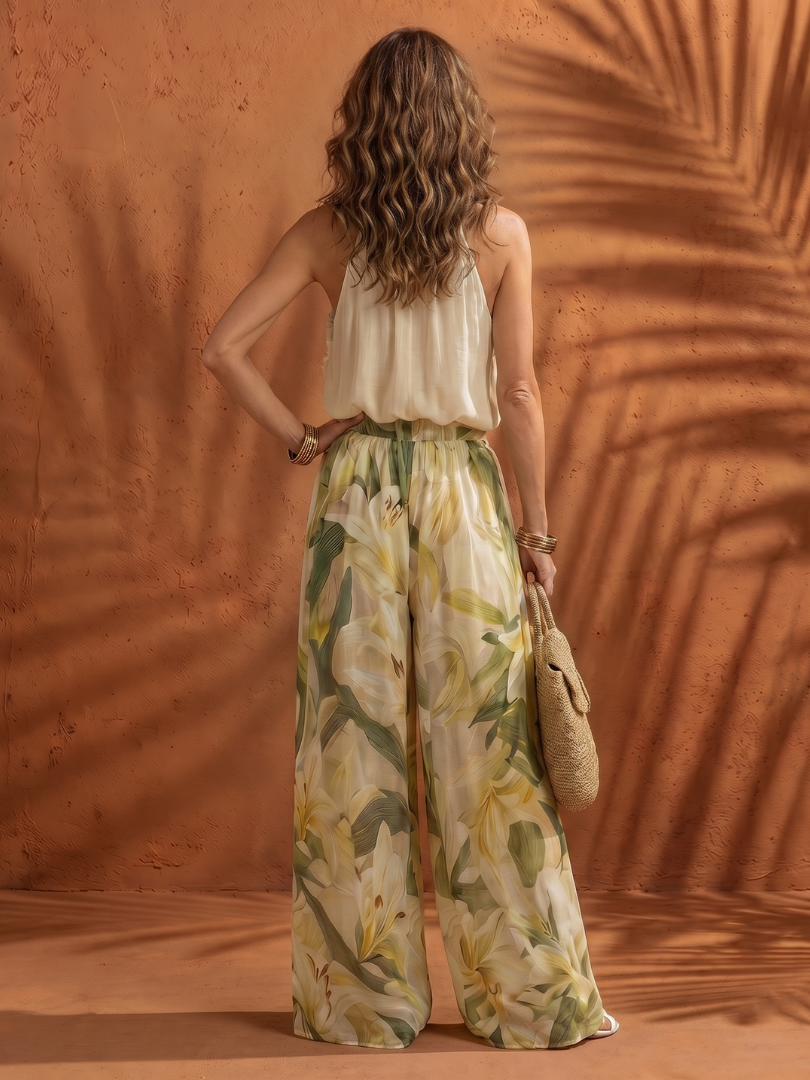 Solange | Floral Halter Neck Blouse & Wide Leg Pants Set