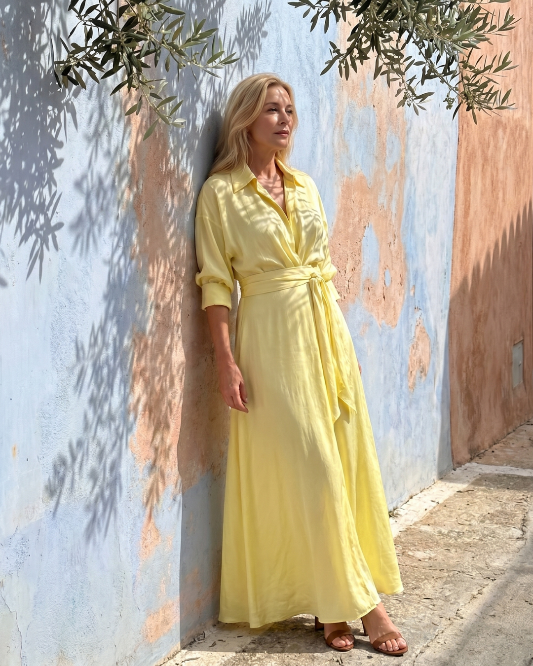 Zelith | Midi Dress with Belted Collar and Flowing Long Sleeves