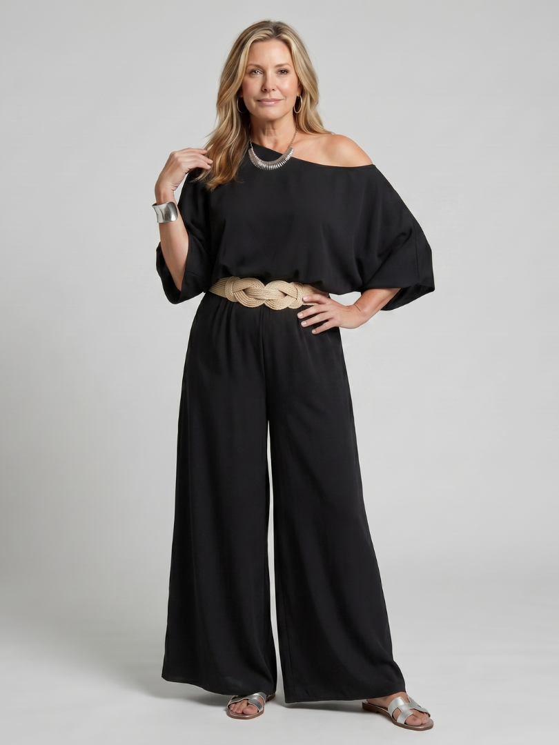 Siomara | One-Shoulder Wide Sleeve Top with Matching Wide Leg Pants Set