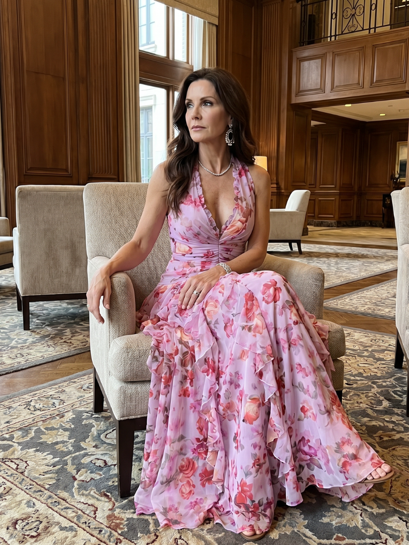 Nori | Floral Maxi Dress with Halter Neck and Ruched Bodice