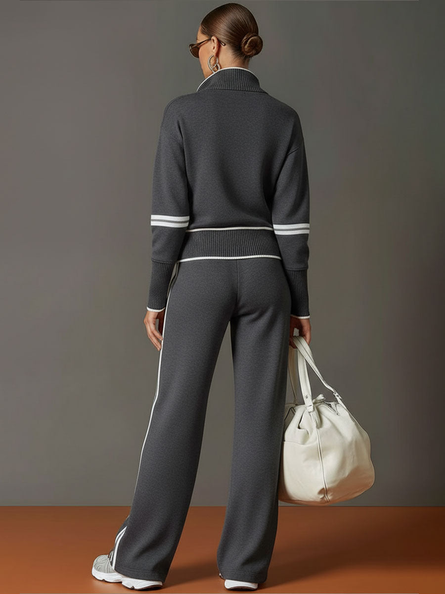 Eva | Retro Sporty Webbing Grey-white Half-zip Sweatshirt And Wide-leg Pants Set