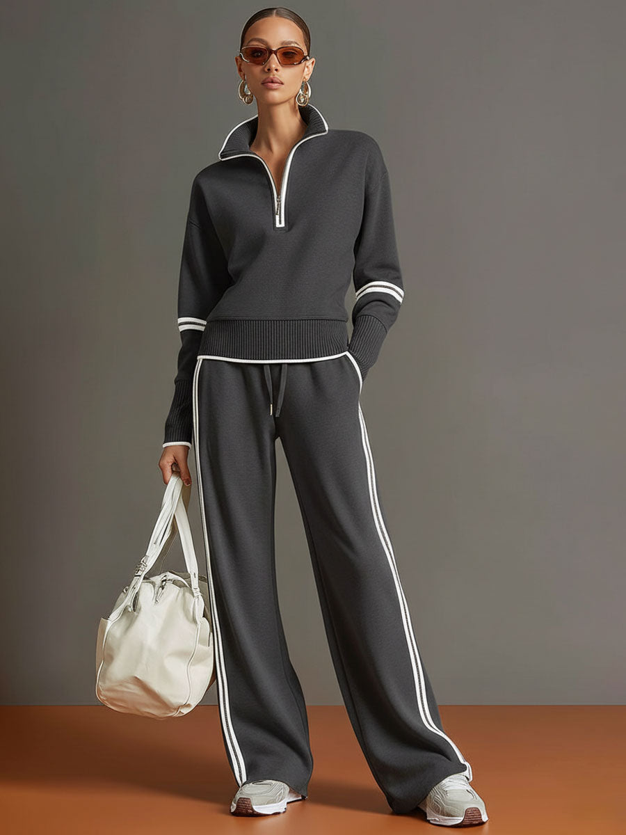 Eva | Retro Sporty Webbing Grey-white Half-zip Sweatshirt And Wide-leg Pants Set