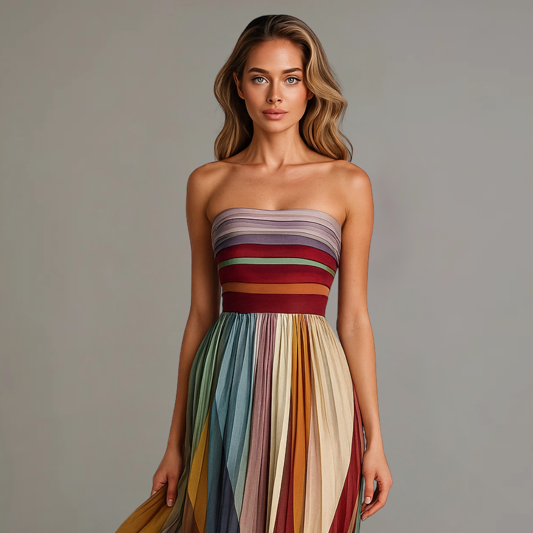 Judith | Women's Strapless Colorful Pleated Summer Maxi Dress Strapless