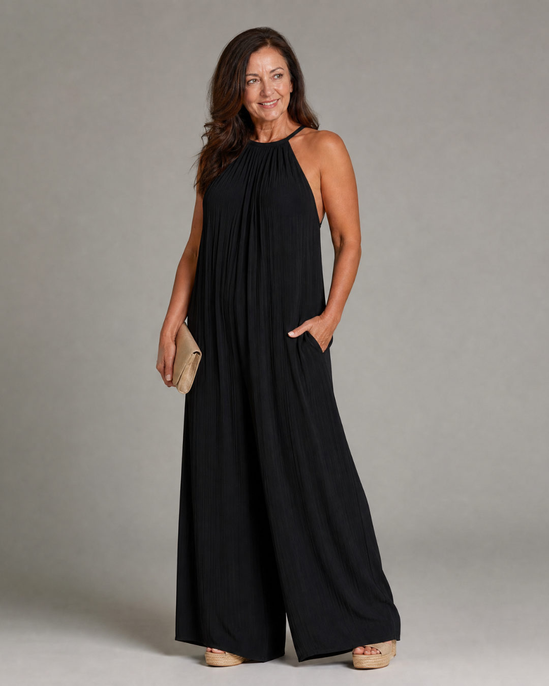 Sylvara | Relaxed Wide Leg Jumpsuit with Pleated Halter Neck