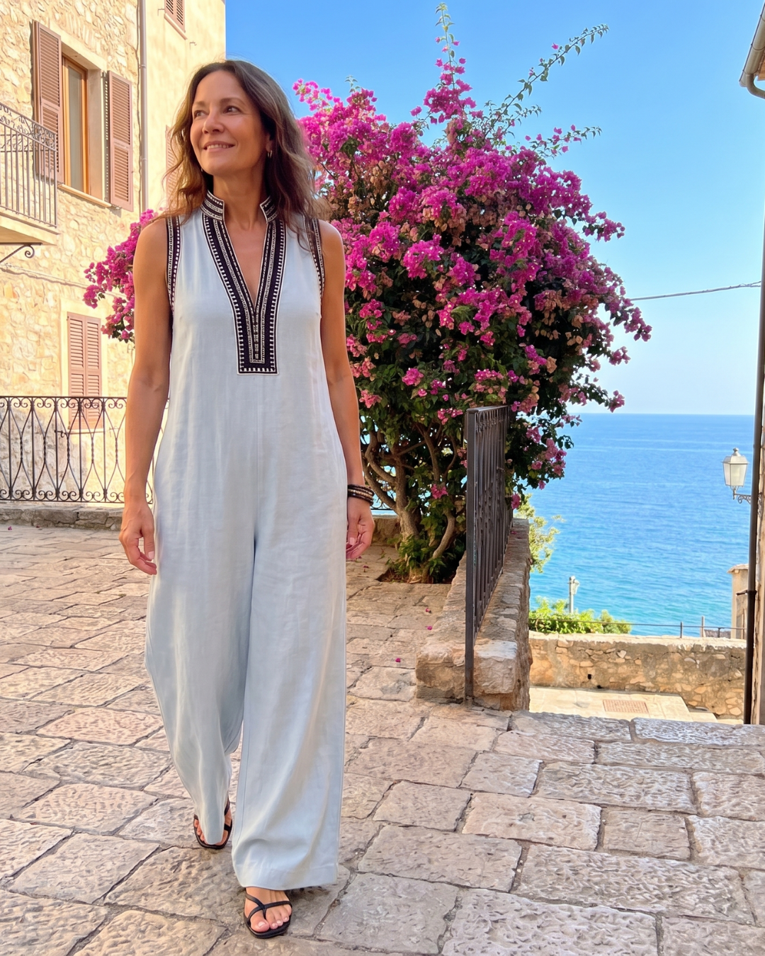 Velmira | Sleeveless Wide Leg Jumpsuit with Embroidered V-Neck