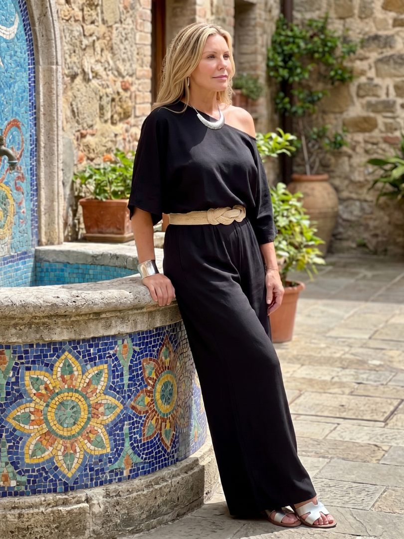 Siomara | One-Shoulder Wide Sleeve Top with Matching Wide Leg Pants Set