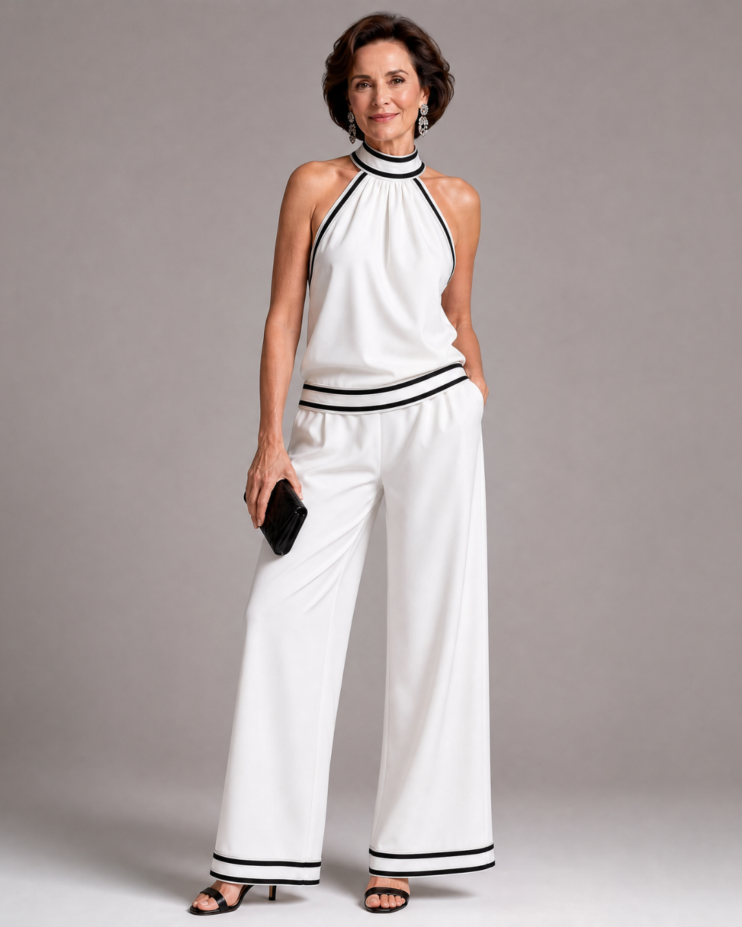 Zephyrine | Halter Neck Wide Leg Jumpsuit with Contrast Trim