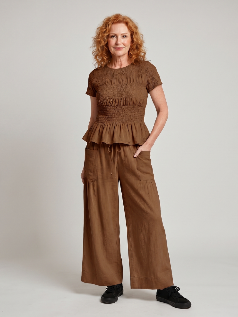 Eirenne | Smocked Top with Peplum Detail and Wide-Leg Pants Set