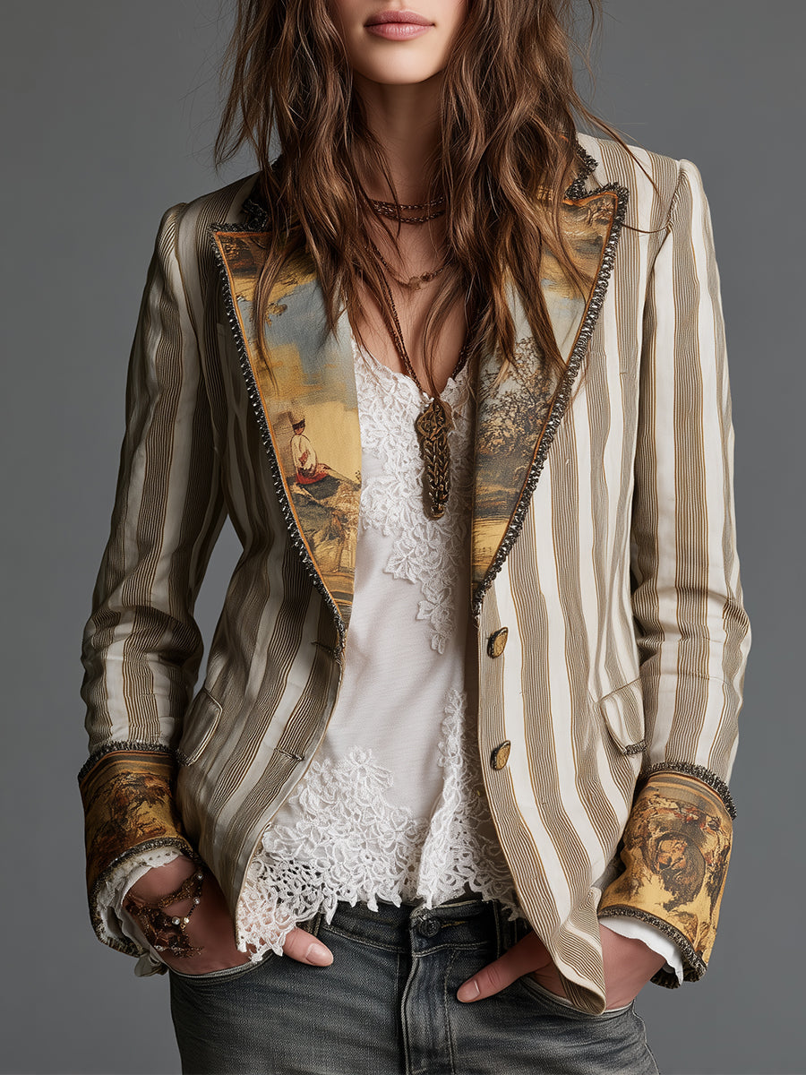 Claudia | Women’s Boho Striped Printed Lapel Blazer
