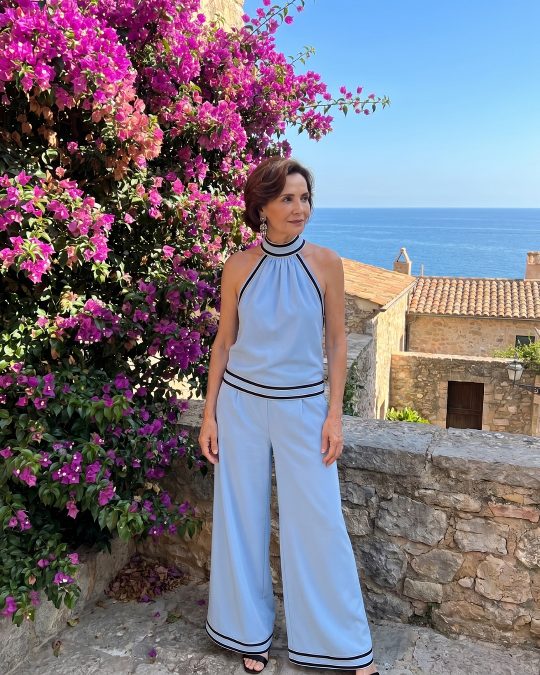Zephyrine | Halter Neck Wide Leg Jumpsuit with Contrast Trim