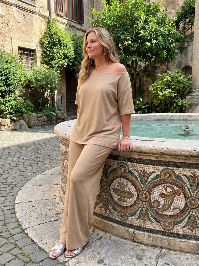Elarim | Off-Shoulder Short Sleeve Top & Wide Leg Pants Set
