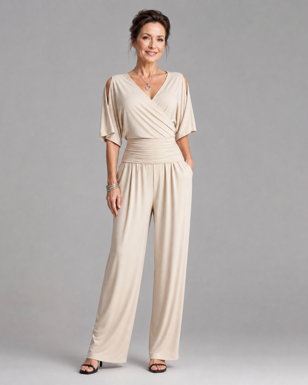 Nyxara | Relaxed Jumpsuit with Cold Shoulder and Wrap Waist