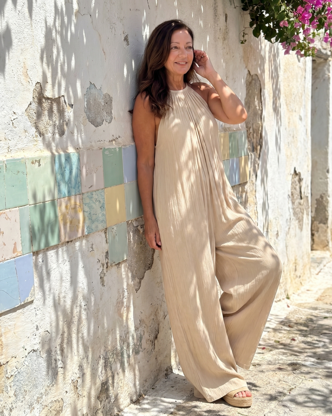 Sylvara | Relaxed Wide Leg Jumpsuit with Pleated Halter Neck