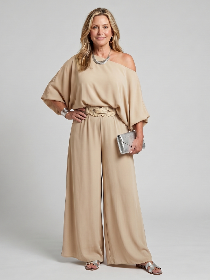 Siomara | One-Shoulder Wide Sleeve Top with Matching Wide Leg Pants Set